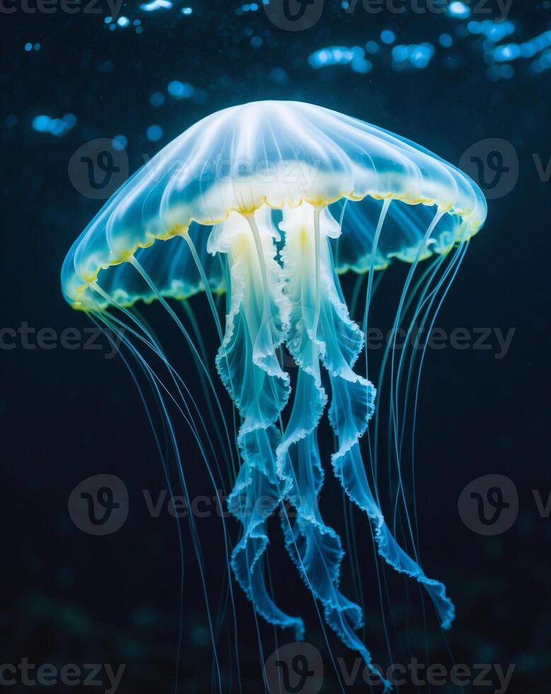 Glowing jellyfish floating in dark ocean depths showing bioluminescence photo