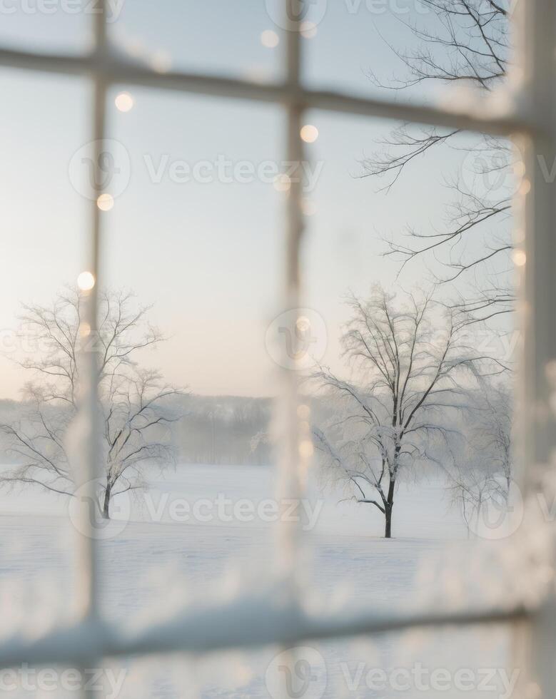A window view of a snowy landscape with trees in the background photo