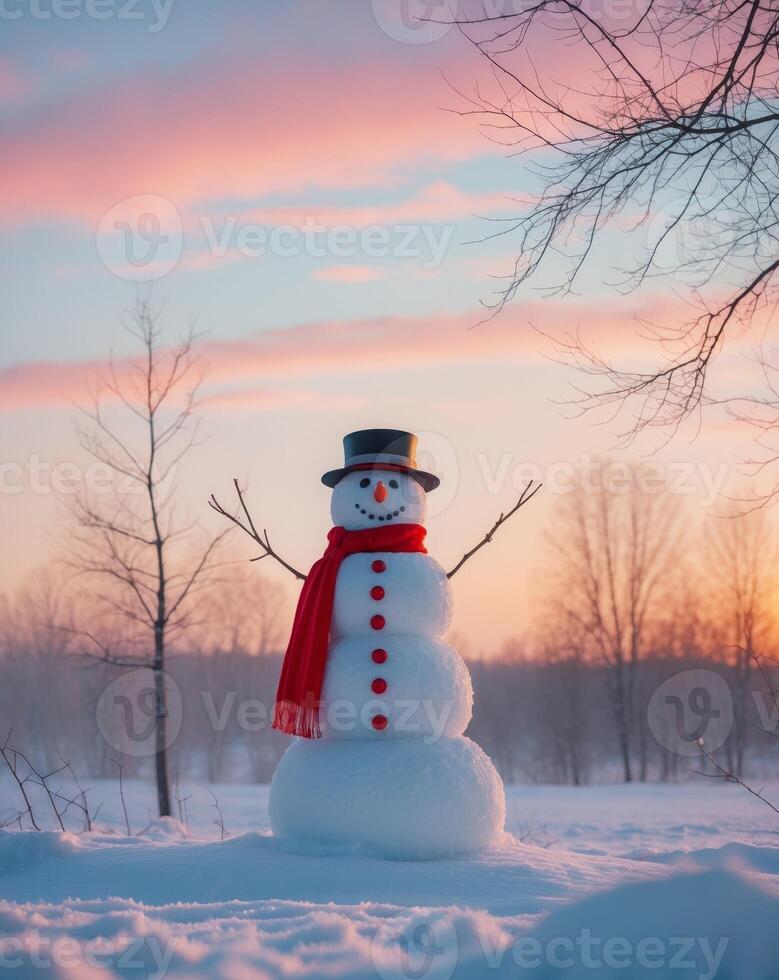 A snowman standing in the snow with his arms outstretched photo
