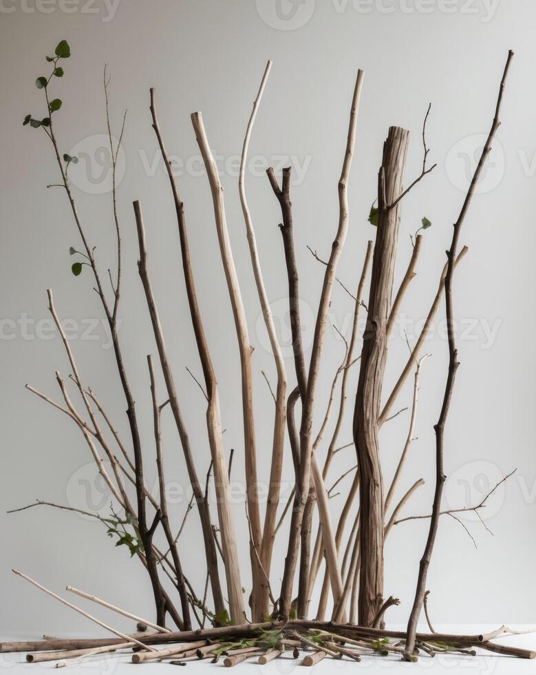 A group of branches and twigs are arranged on a table photo