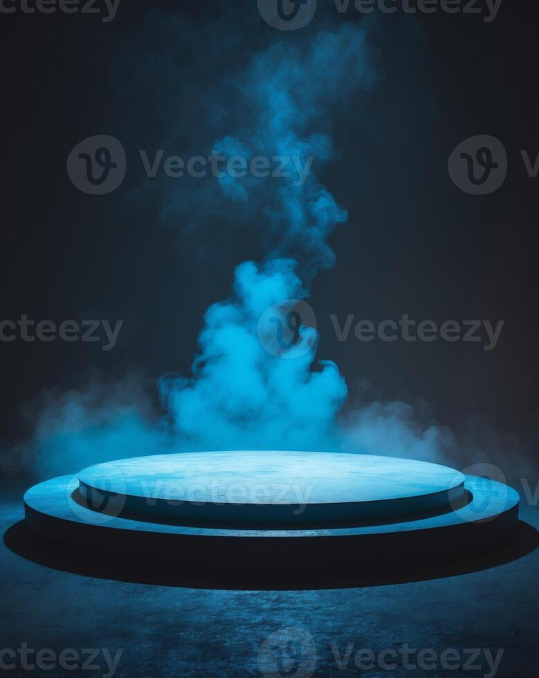 A blue light is shining on a round table photo
