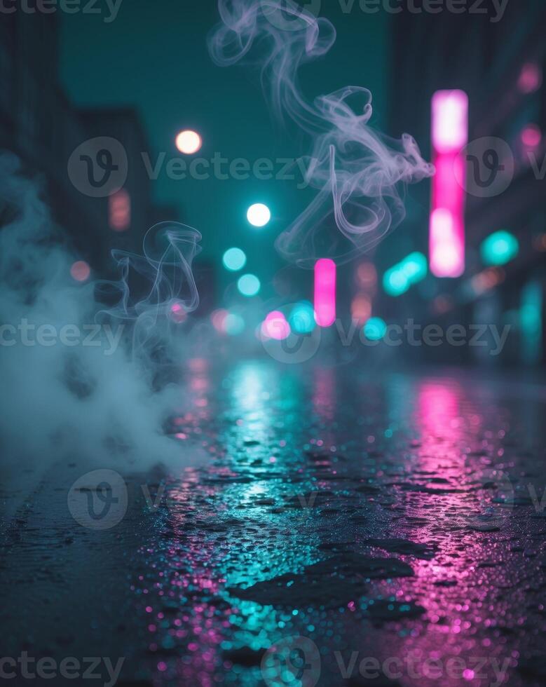 Smoke and neon lights in the city at night photo