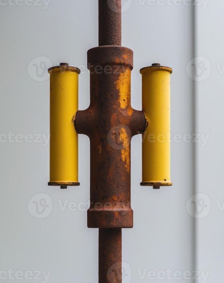 A close up of a rusty pole with two yellow pipes photo