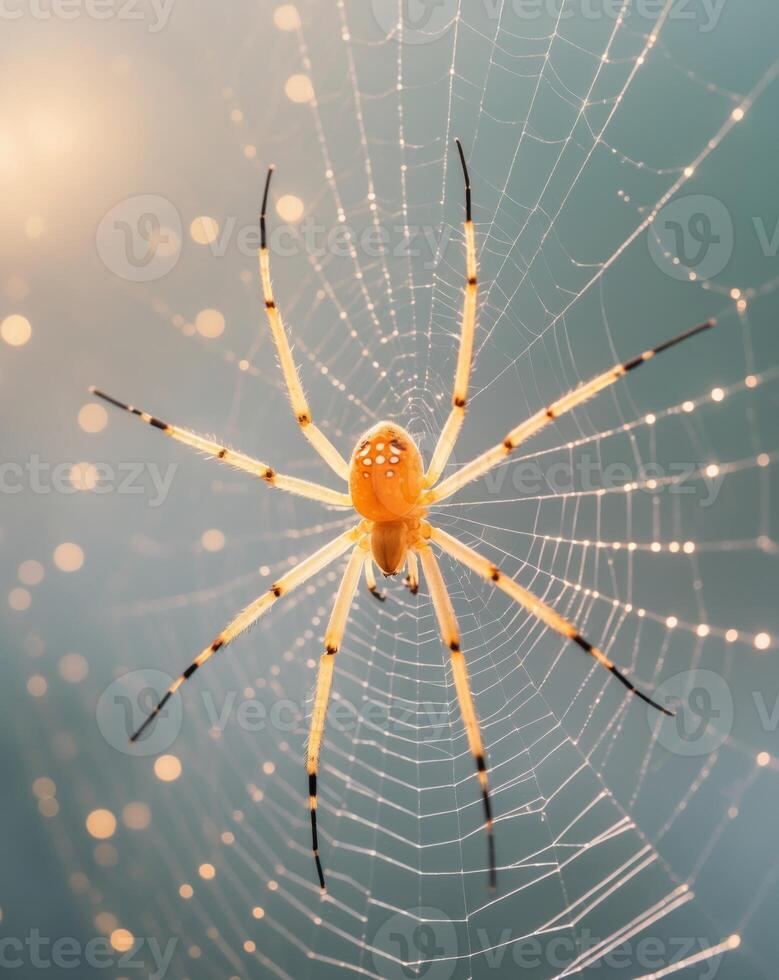 A spider sits on its web in front of a bright light photo