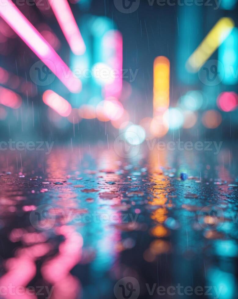 Rainy night city street with neon lights and raindrops photo