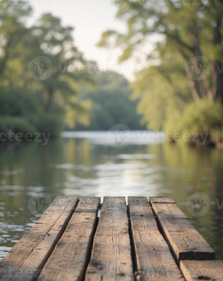 A wooden dock on a river photo