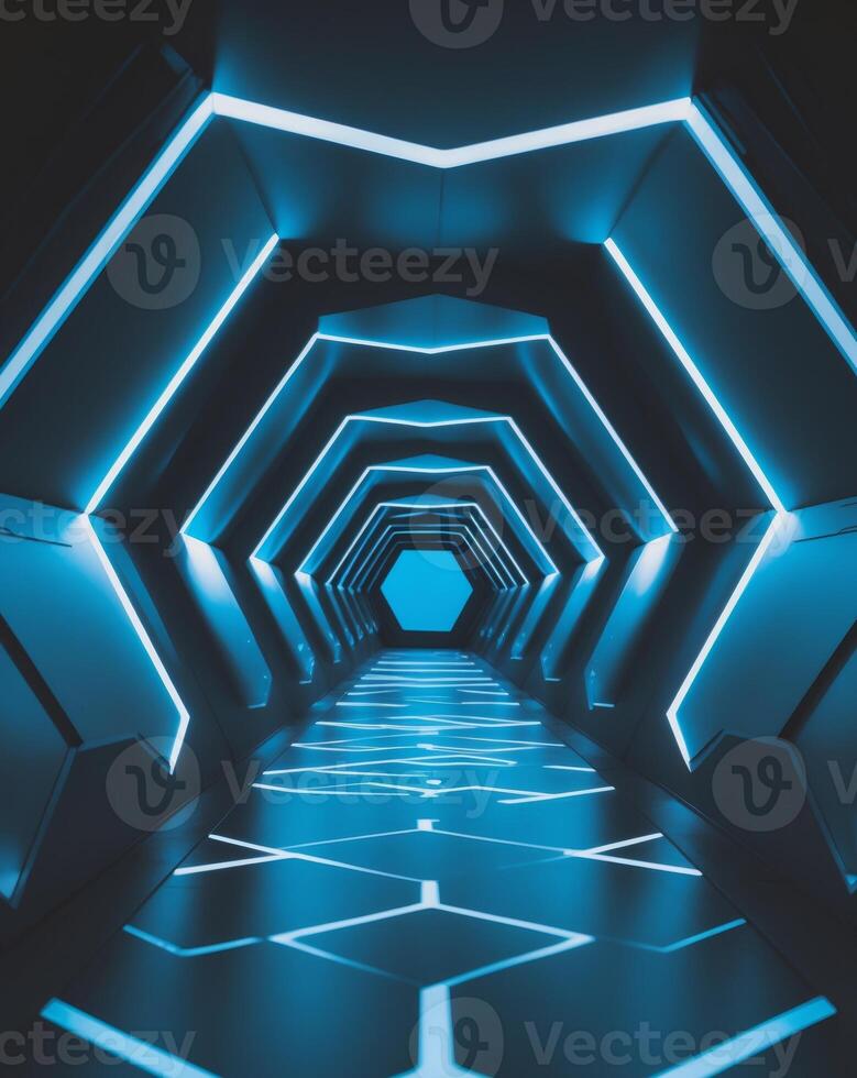 Futuristic tunnel with blue lights and geometric shapes photo