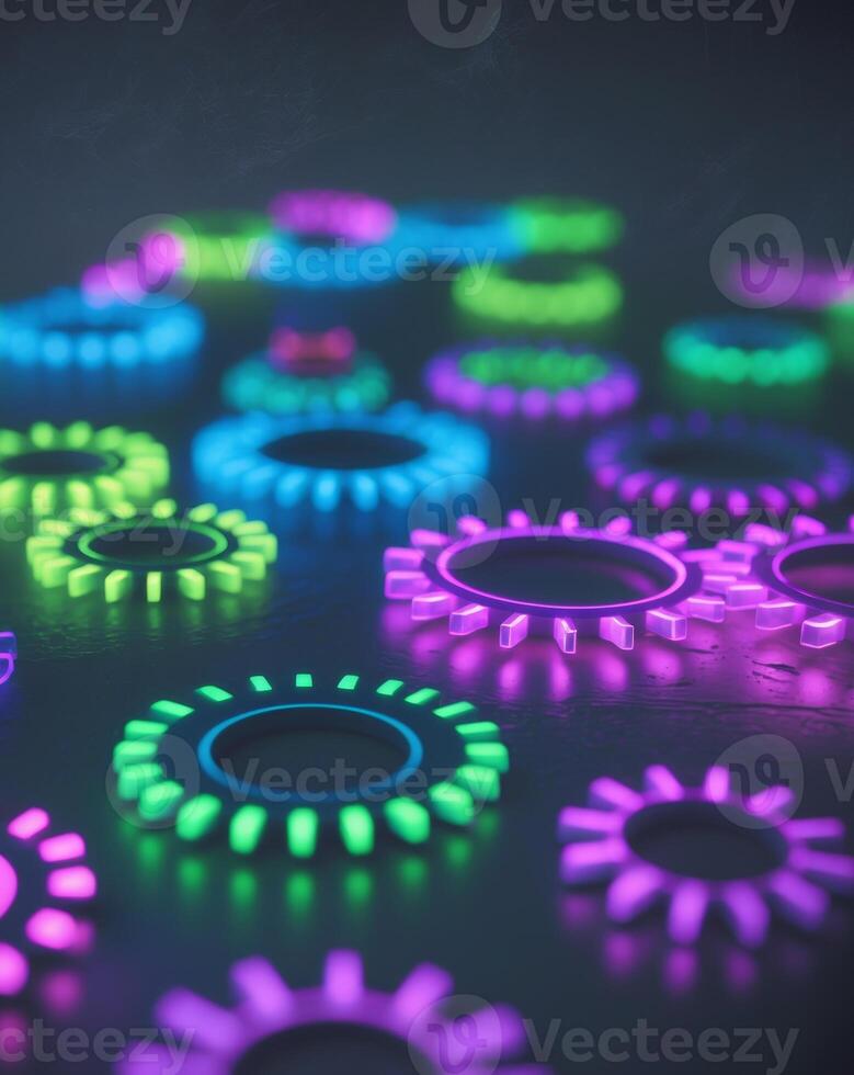 A group of colorful gears on a dark background photo
