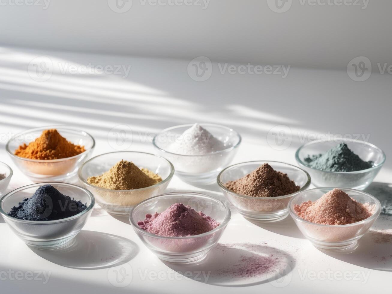 A variety of different colored powders in bowls photo