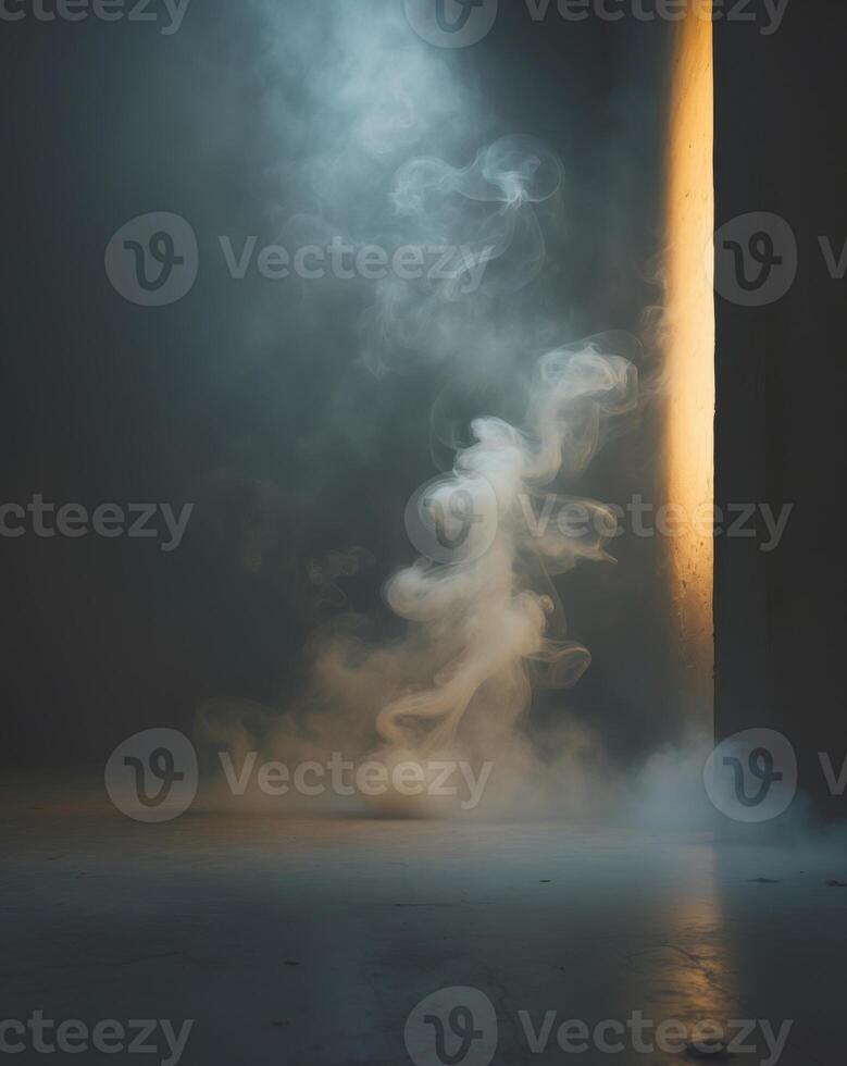 Smoke coming out of a door in a dark room photo