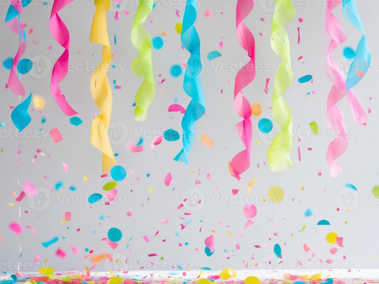 Colorful streamers and confetti falling from the ceiling photo