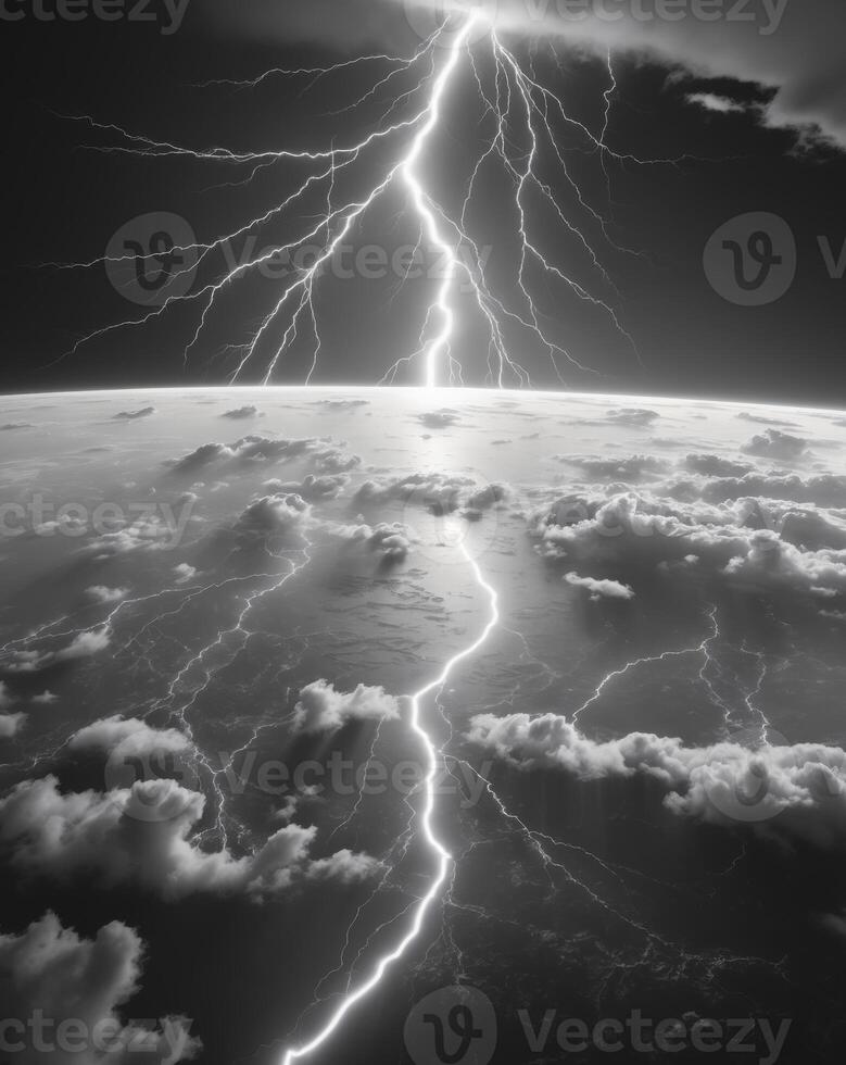 A black and white photo of lightning striking over the earth
