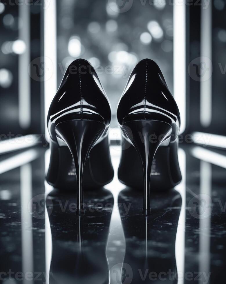 A pair of black high heels on a black surface photo