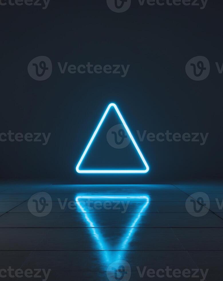 A neon blue triangle with a reflection on the floor photo