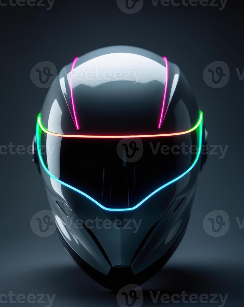 Futuristic Helmet with Neon Lights Dark Gray Background photo