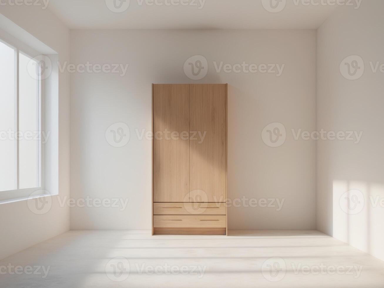 Empty room white walls large window left side wood dressing closet front. photo