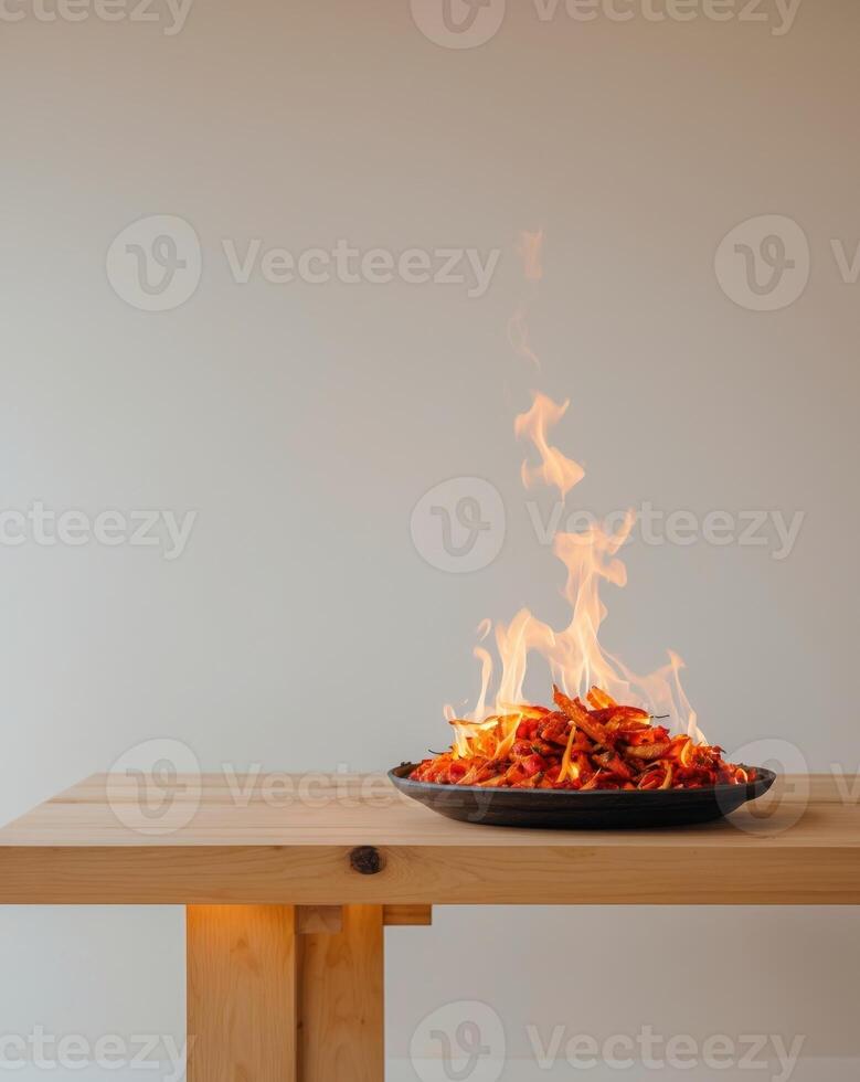 Empty Wooden Table with Fire Accents for Spicy Delights Food display photo