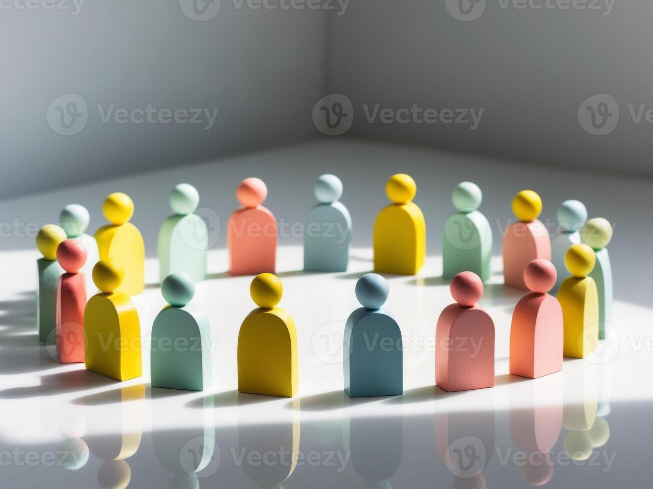Group colorful wooden figures arranged circle surface are Unity and teamwork create. photo