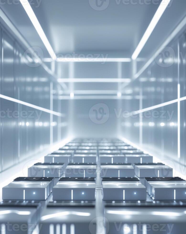 Futuristic battery storage system with illuminated energy cells photo