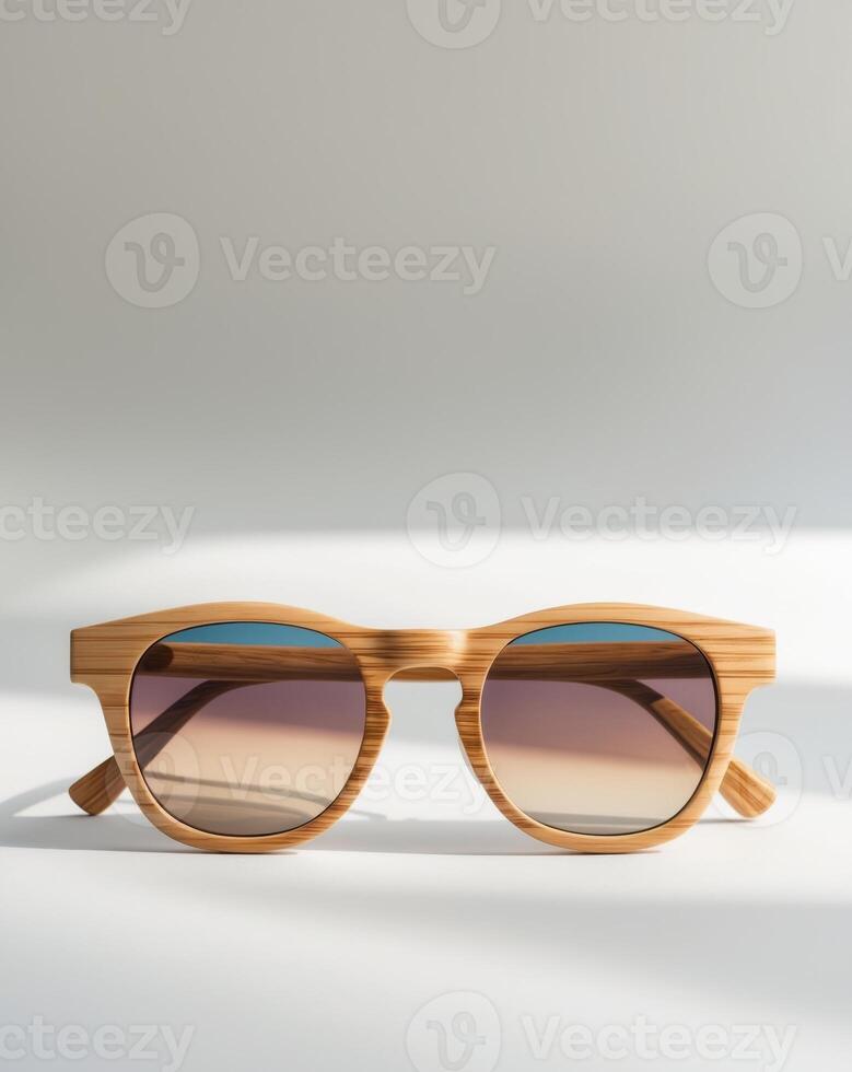Wooden Sunglasses with Bamboo Frame and Gradient Lenses on Neutral Background photo