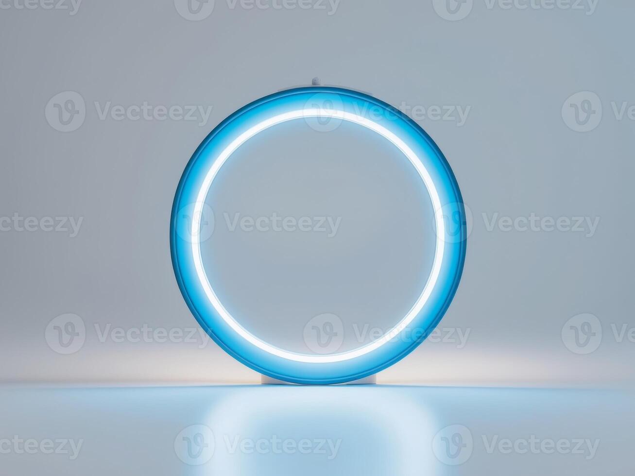 A blue neon circle with a light shining through it photo