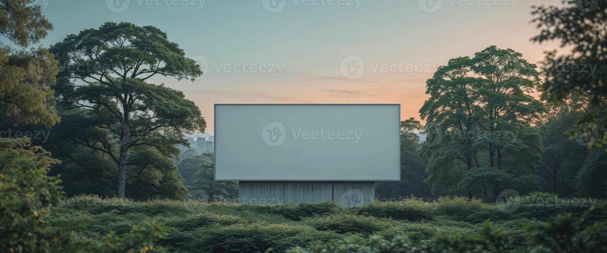 An empty movie screen in the middle of a forest photo