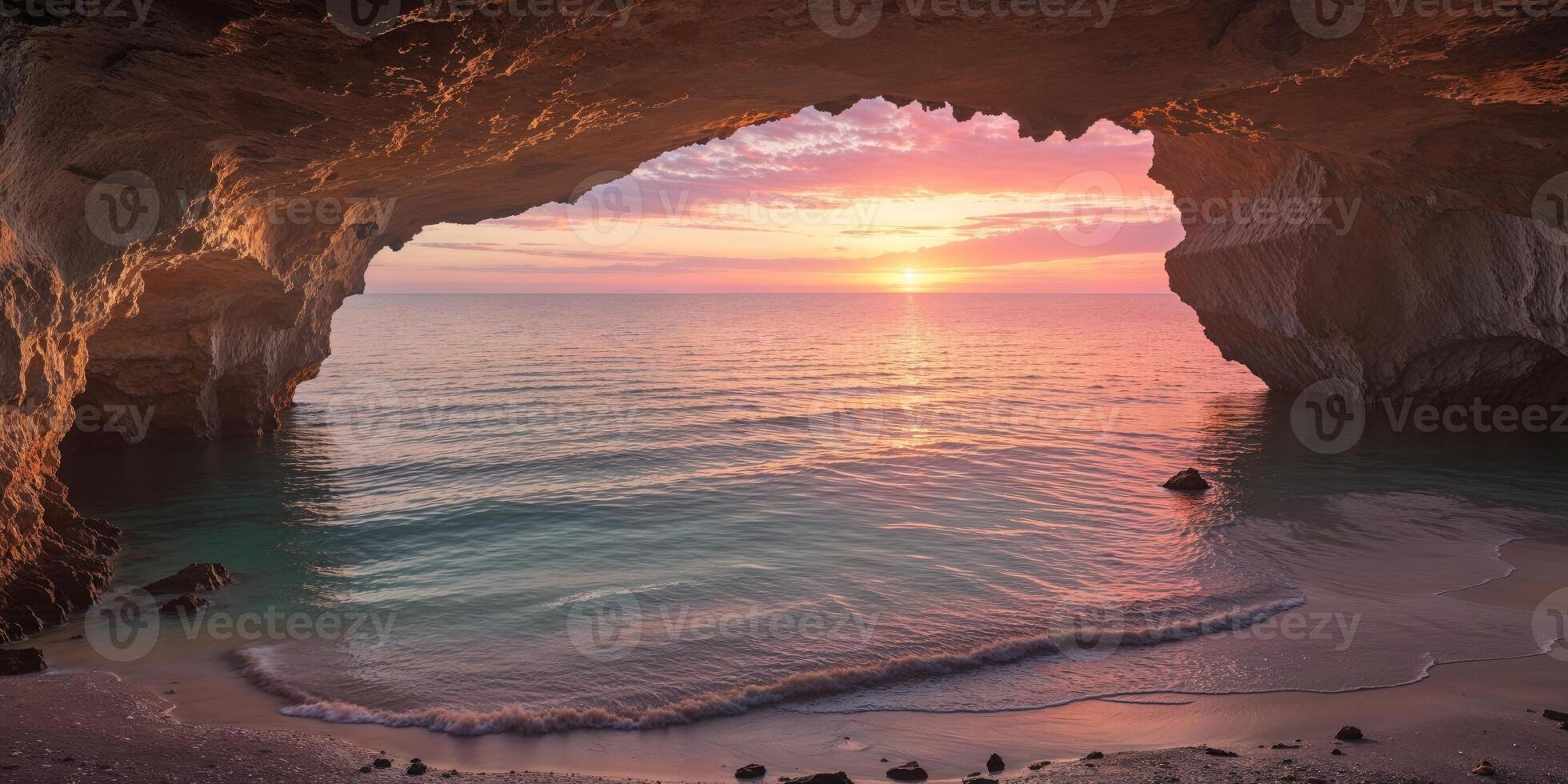 Sunset at the beach in a cave photo