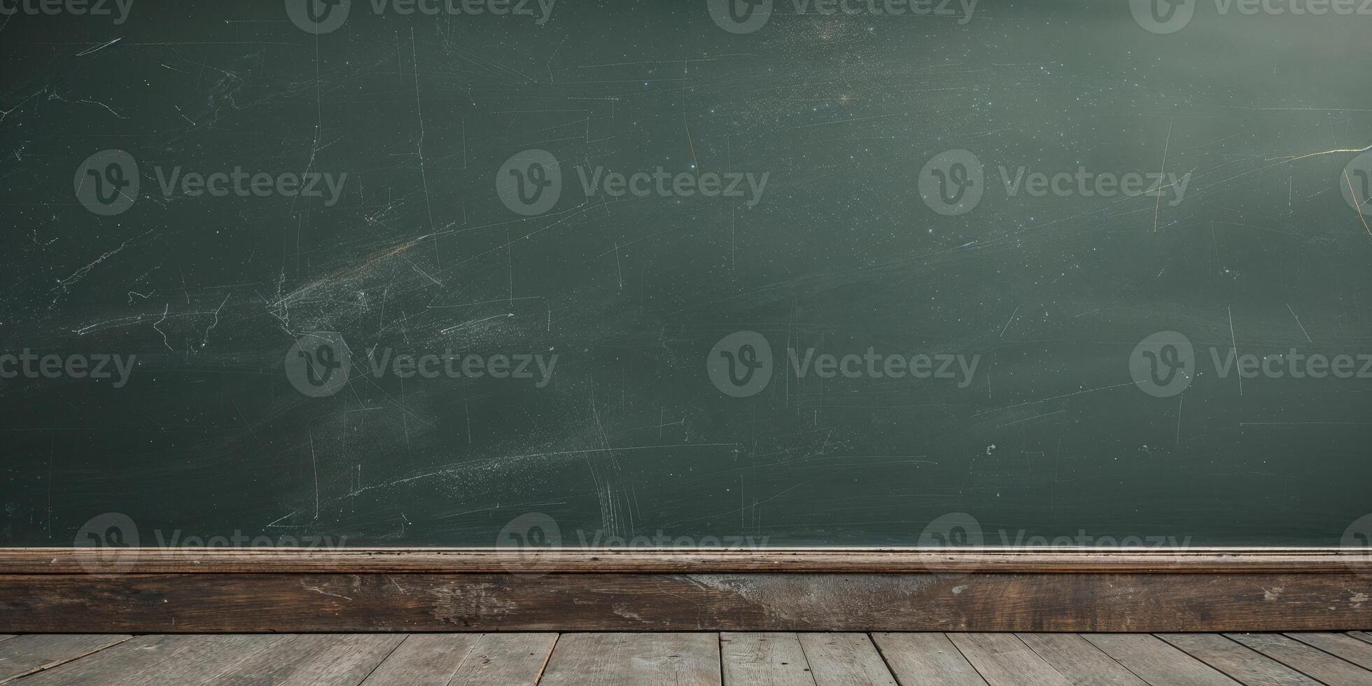 An empty room with a blackboard and wooden floor photo