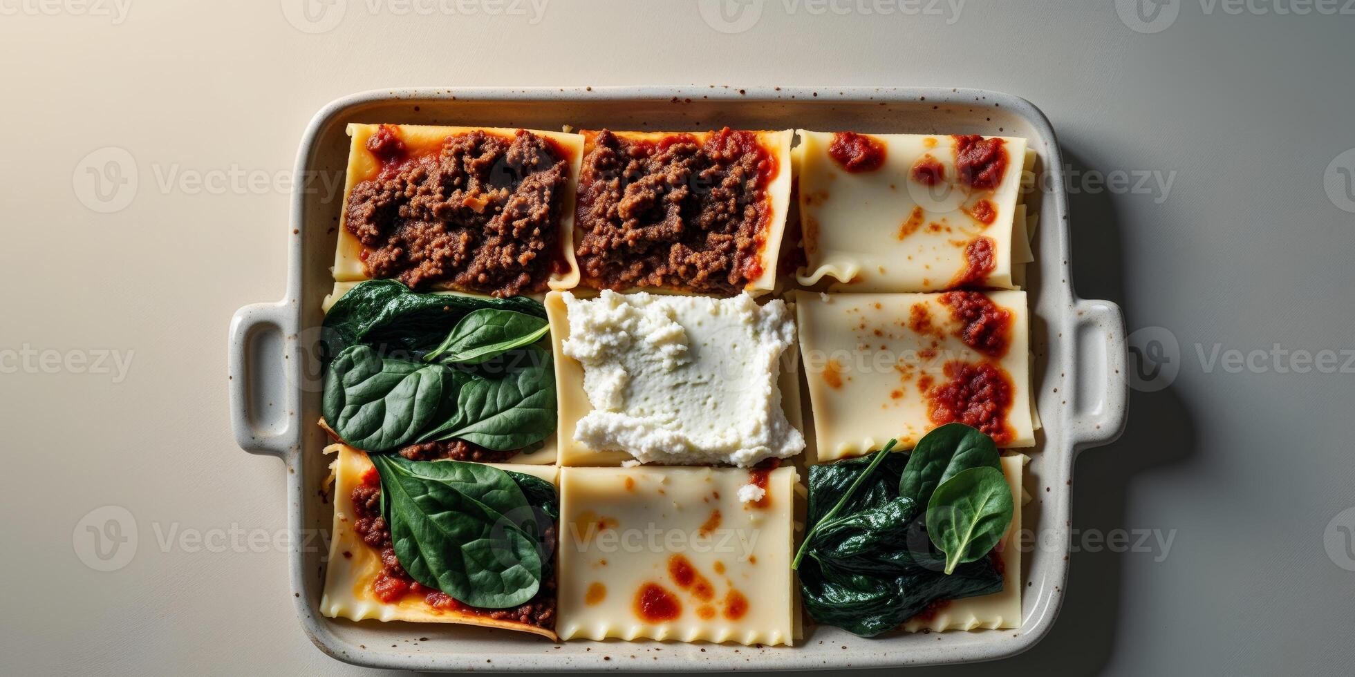 A platter of assorted lasagna slices with various fillings. photo