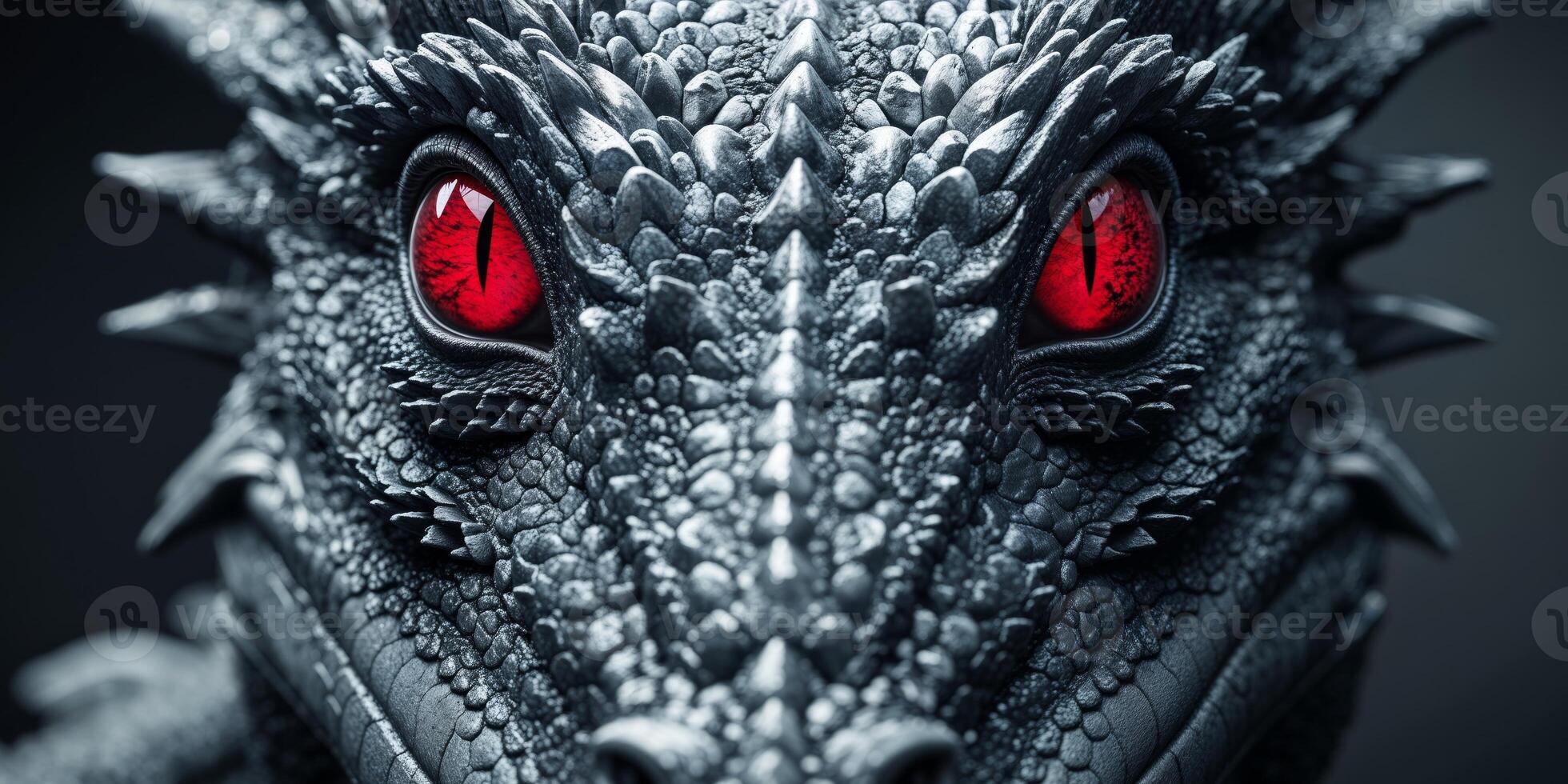 A close up of a dragon's face with red eyes photo