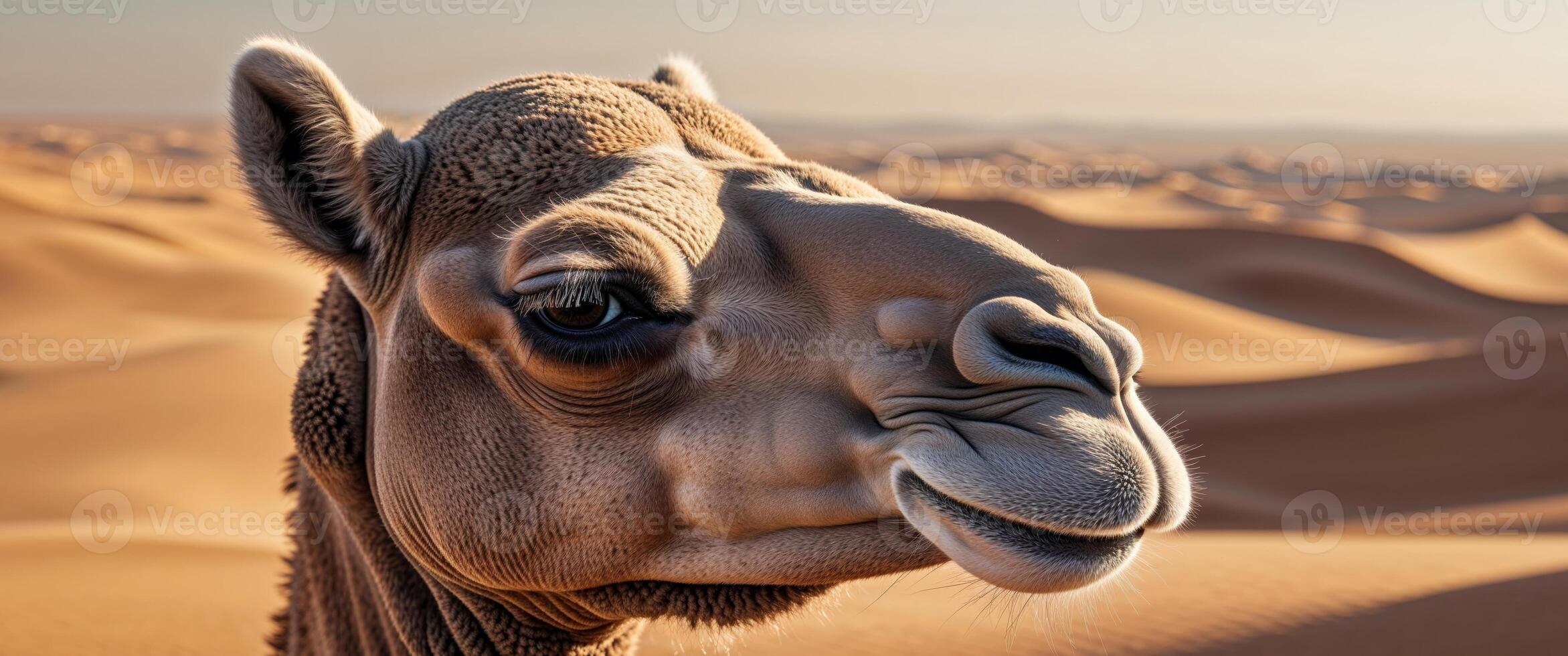 Closeup of a camel's head with the vast desert stretching into the distance. photo