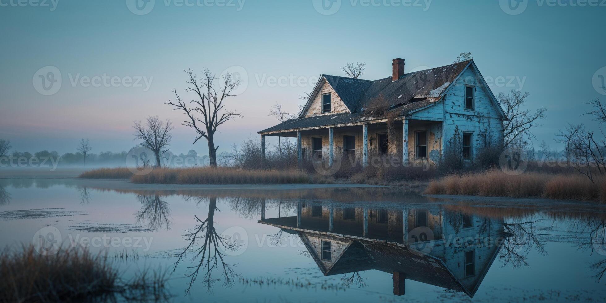 Abandoned house reflecting in still water near a desolate landscape during twilight hours. photo