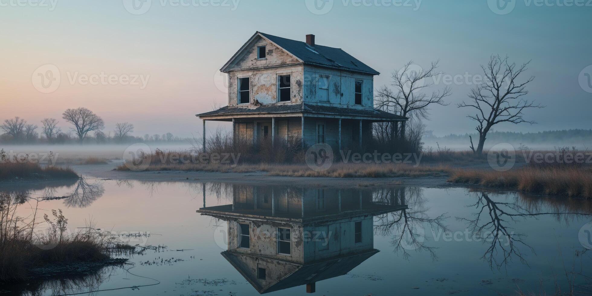 Abandoned house reflecting in still water near a desolate landscape during twilight hours photo