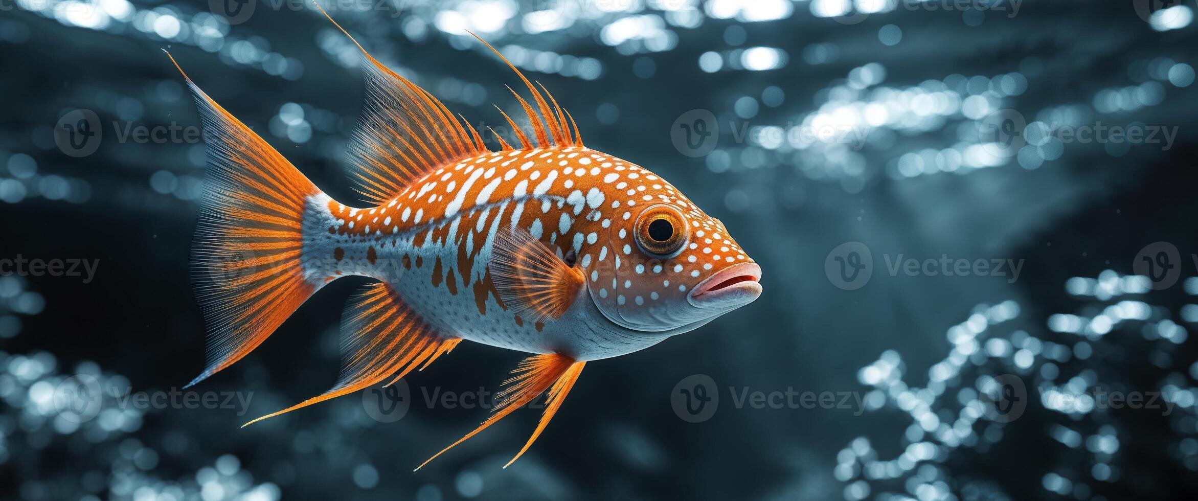 Orange Spotted Fish with Spiked Fins Swimming in Dark Water Underwater Marine Animal Aquatic Creature. photo