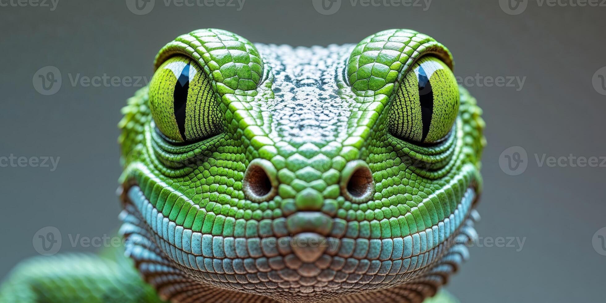 A close up of a green lizard's face with yellow eyes photo
