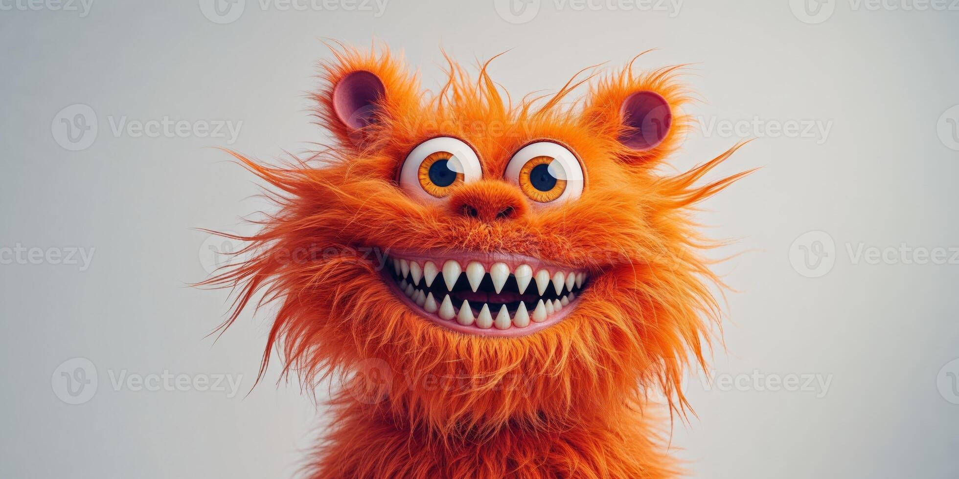 Cheerful furry orange monster with big eyes and sharp teeth in playful digital art style photo