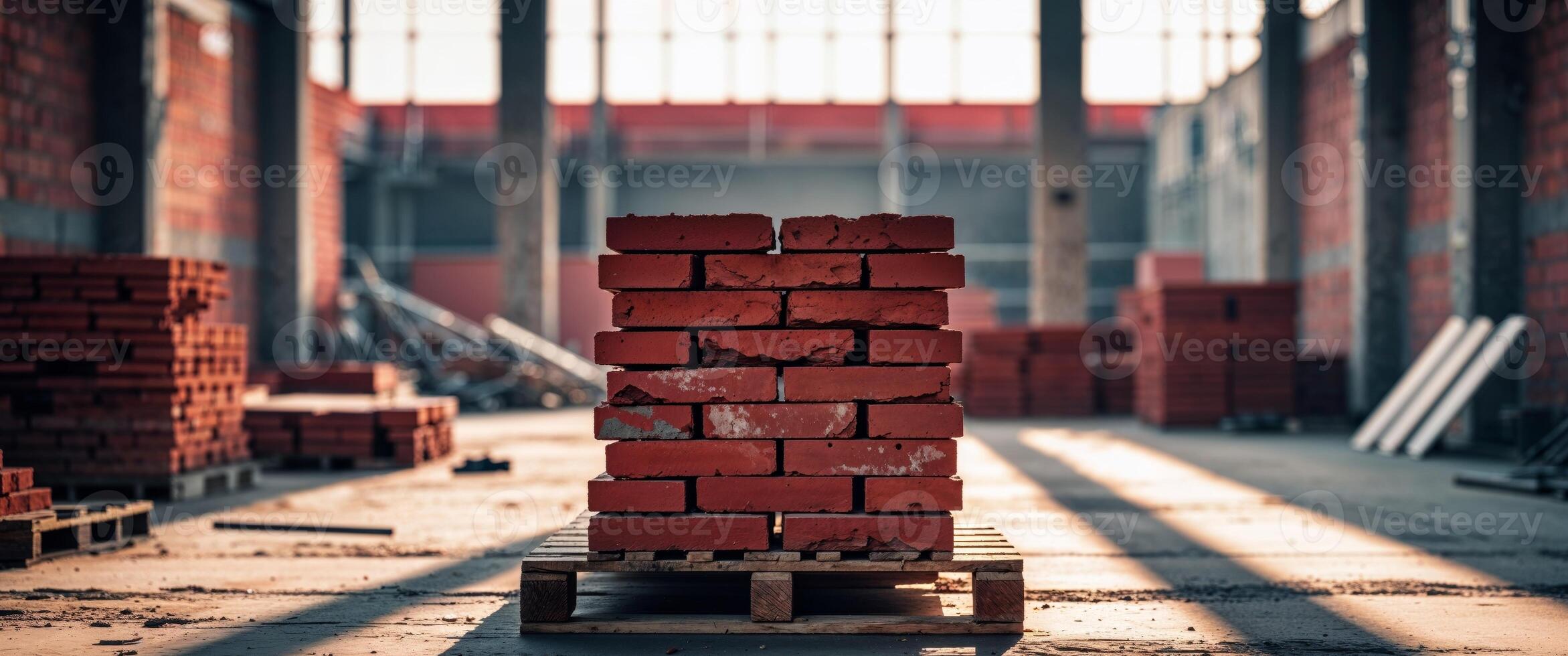 Bricks in Pallets on a Construction Site Construction Materials Red Brick for Building a House. photo