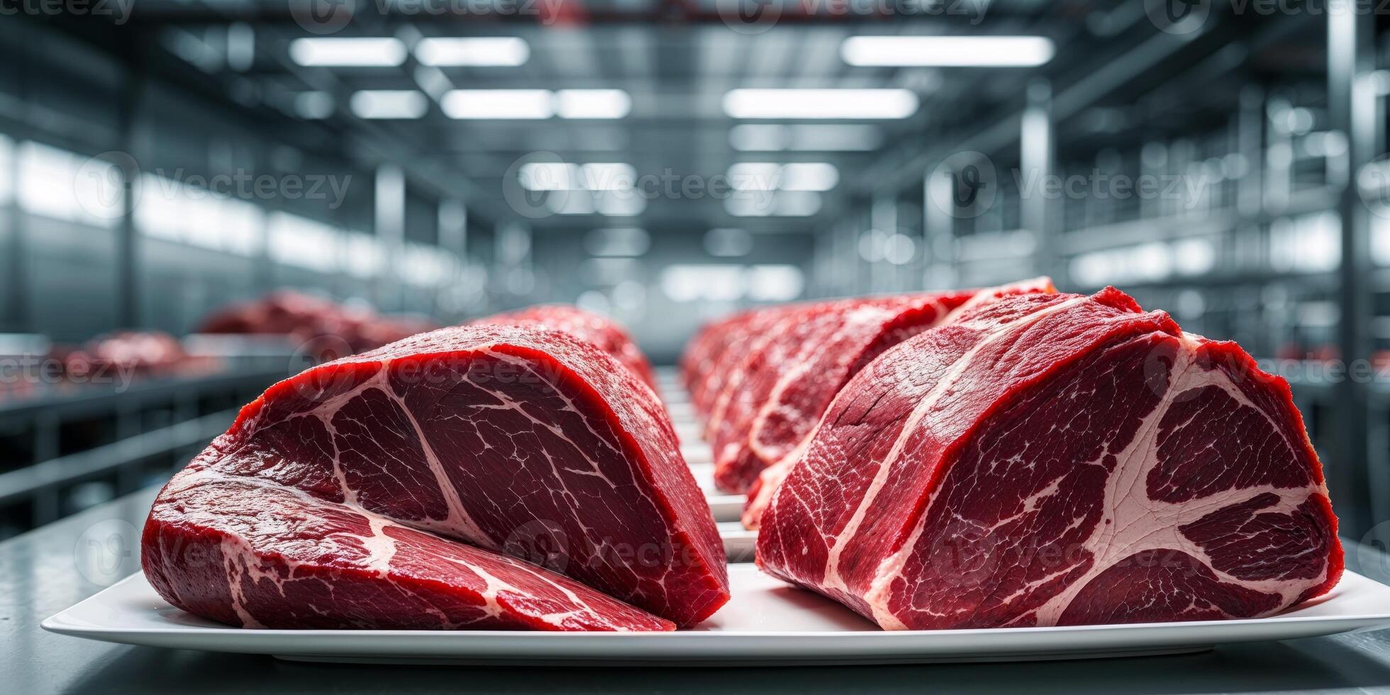 Fresh cuts of meat arranged on plates in a processing facility photo