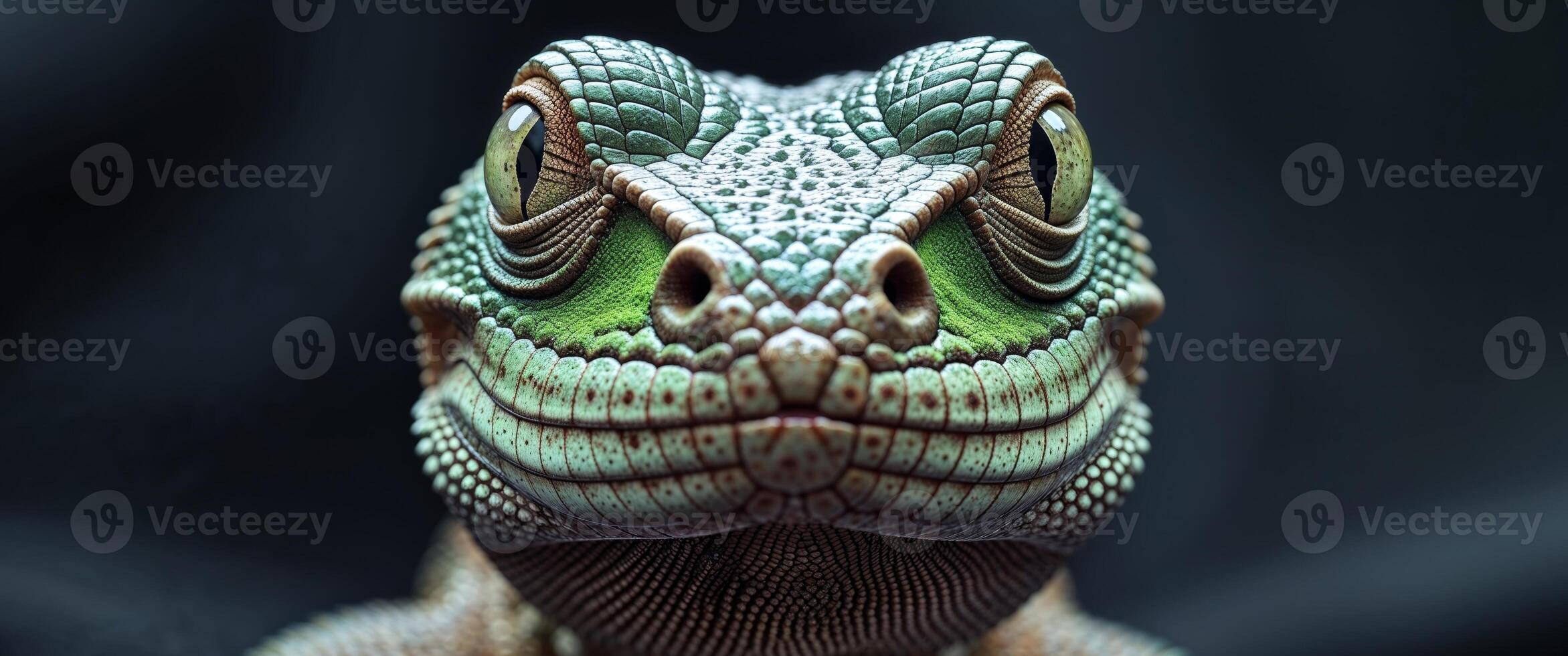 A close up of a lizard's face with a black background. photo
