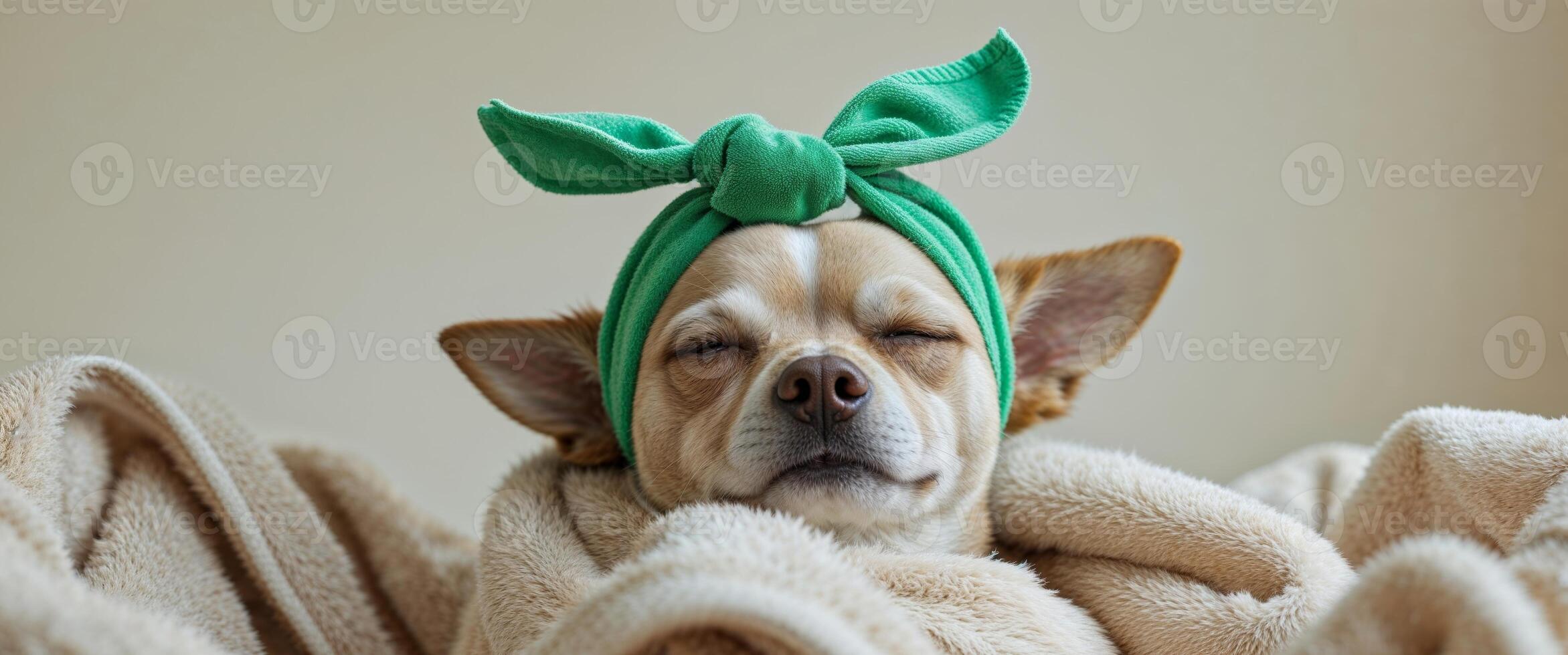 A dog wrapped in a towel with a green bow photo