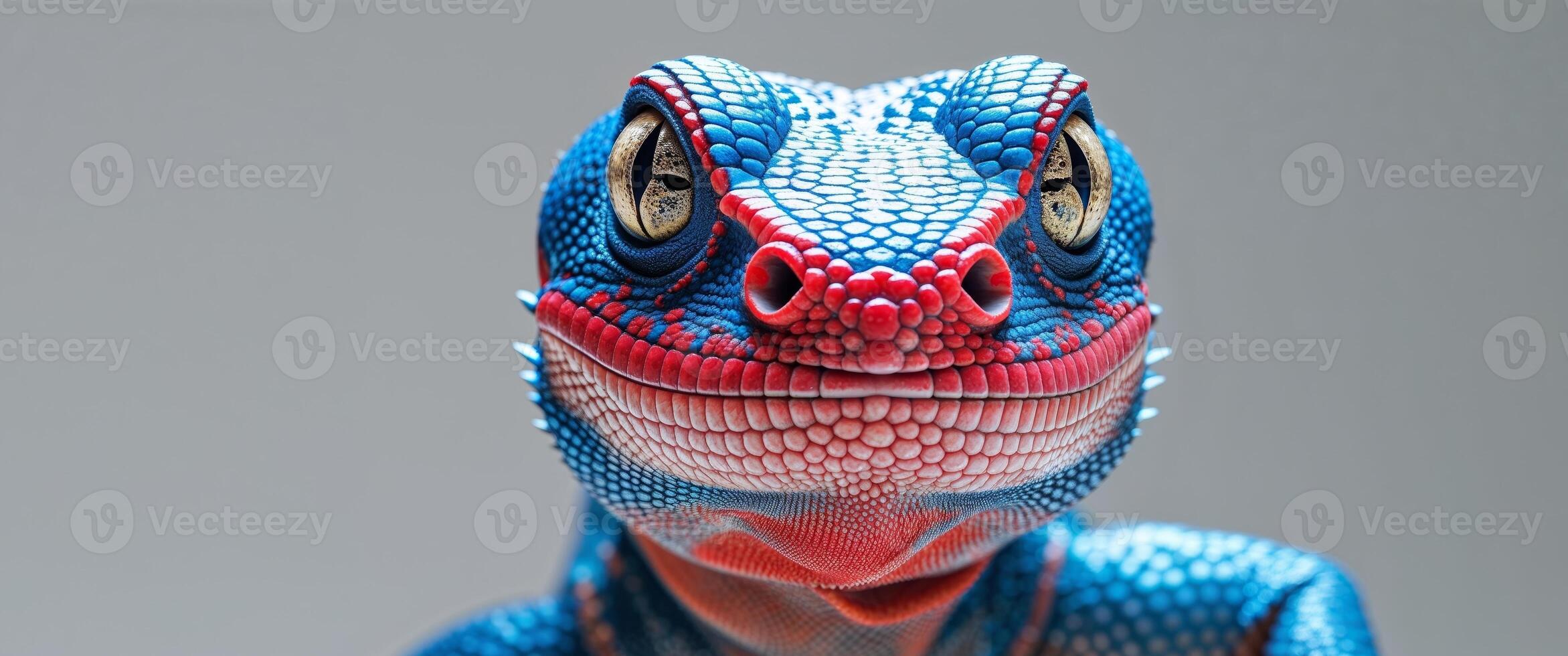 A close up of a lizard with red, blue and white stripes photo