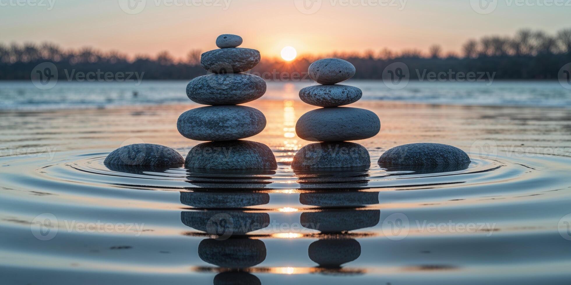 Stacked stones in water at sunset photo