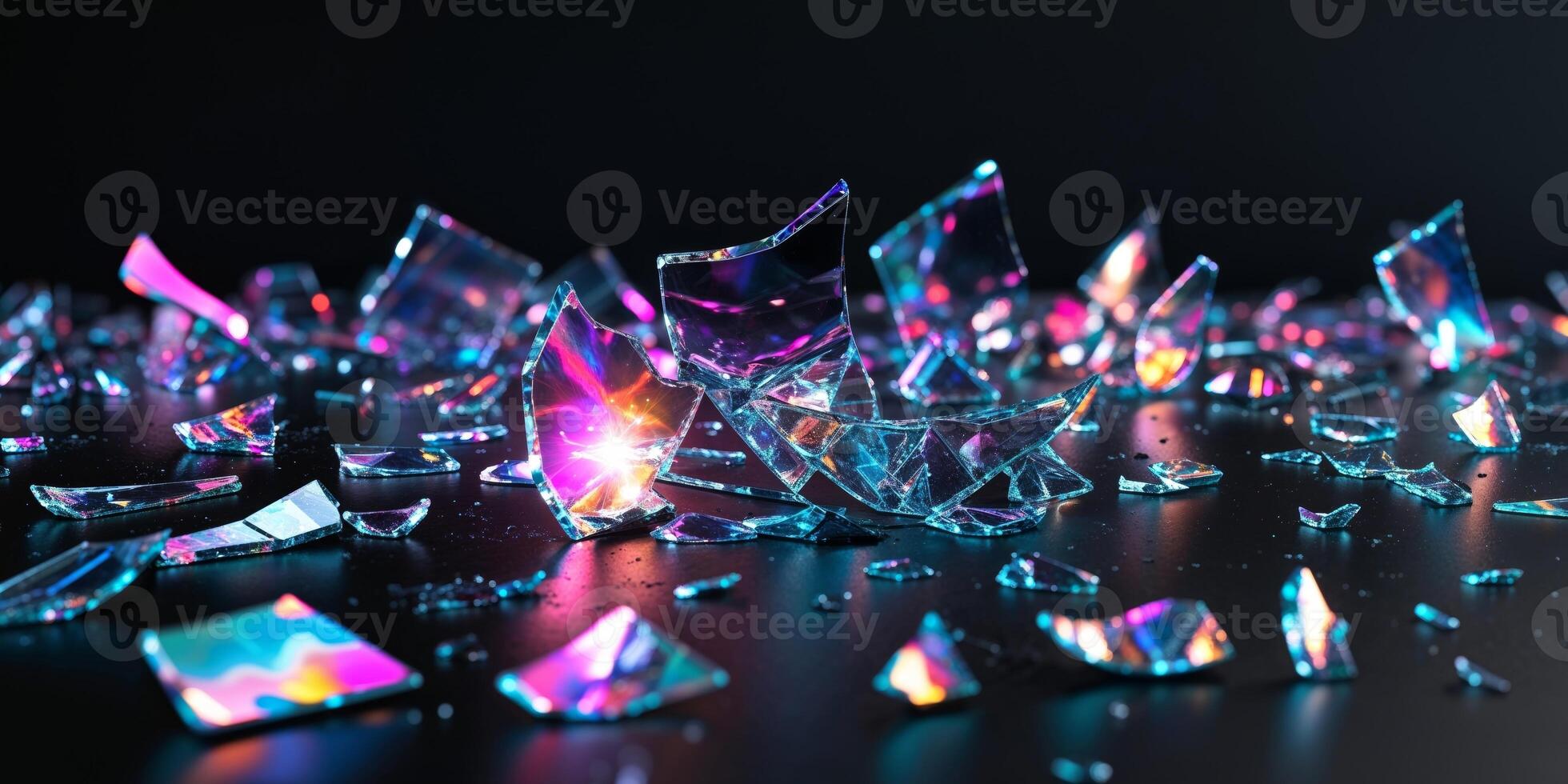 Broken glass on a black surface with a rainbow effect photo