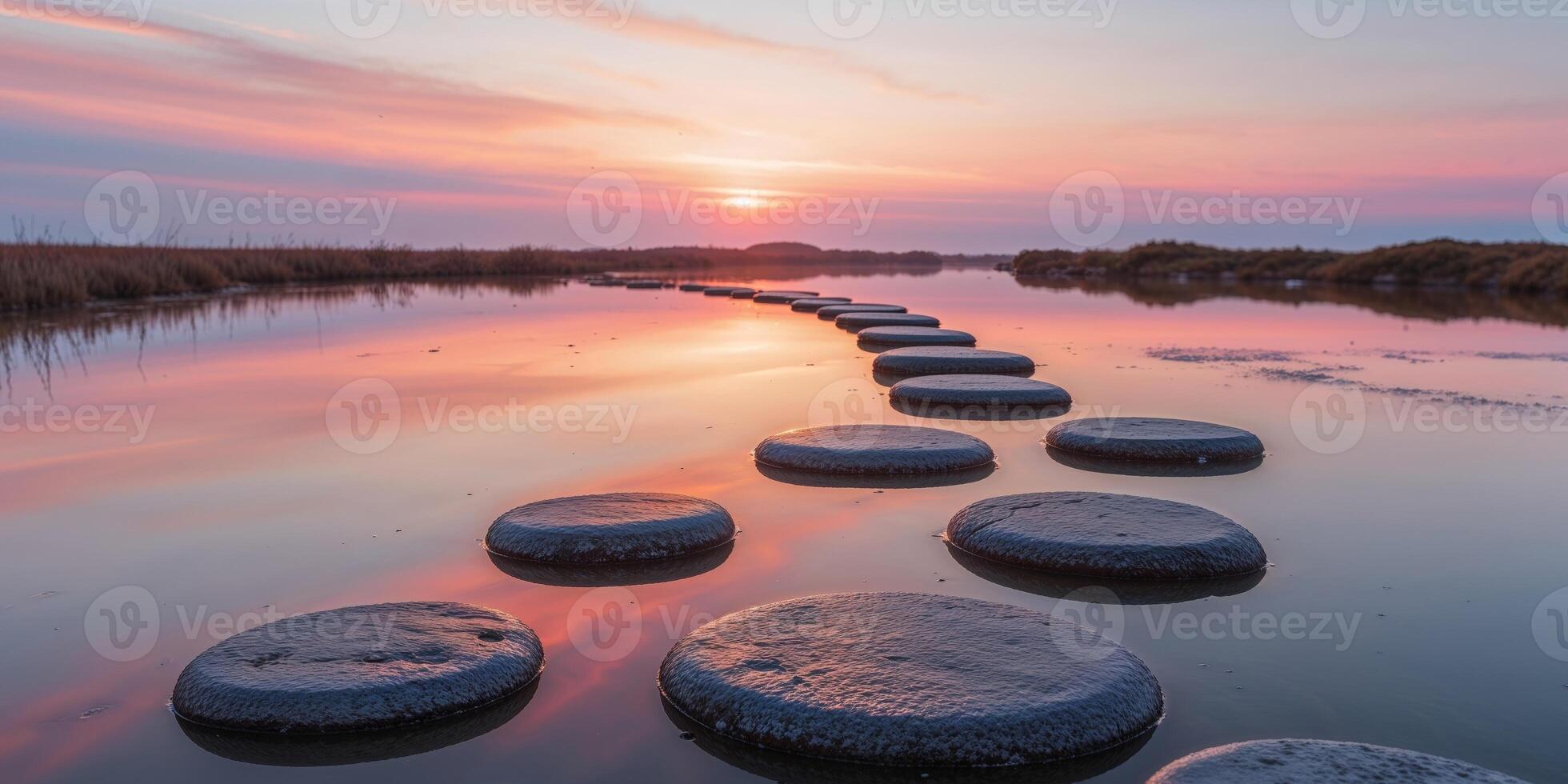Stepping stones in the water at sunset photo