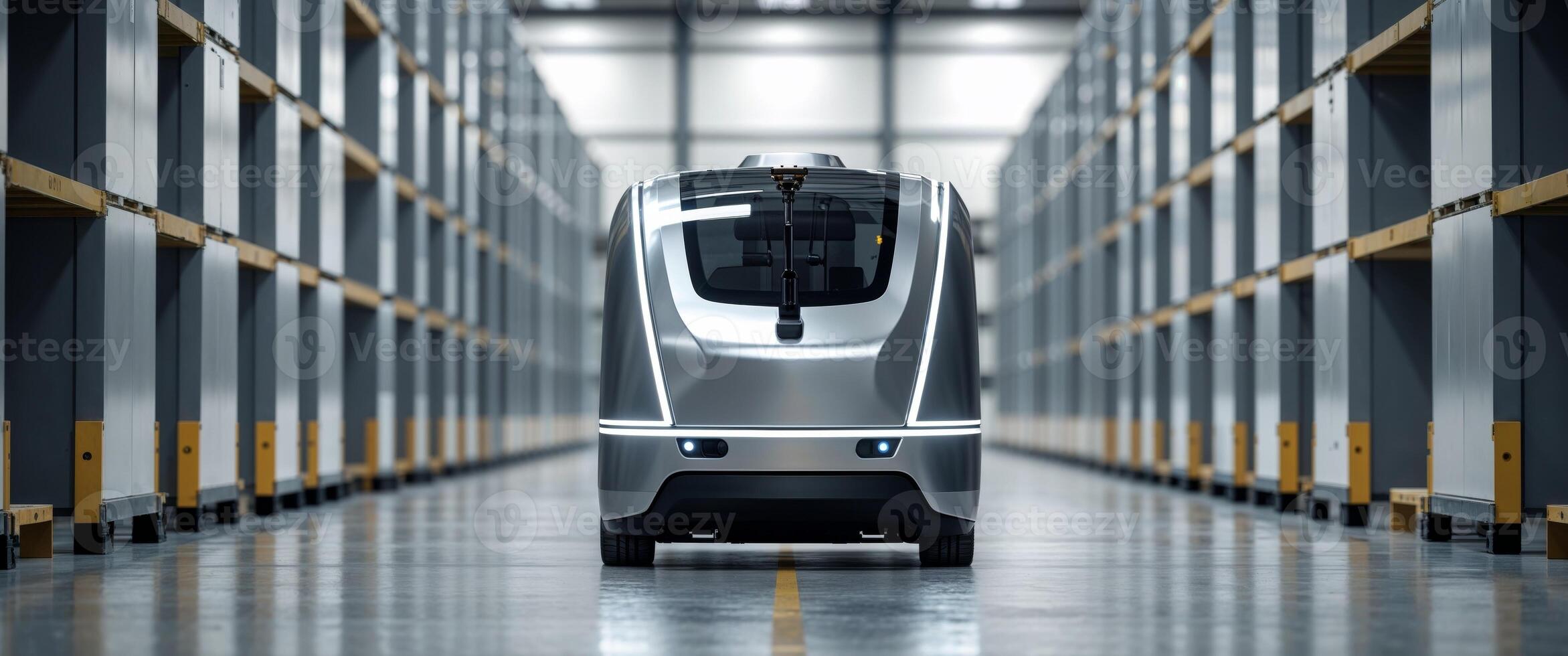A robot is driving through a warehouse photo
