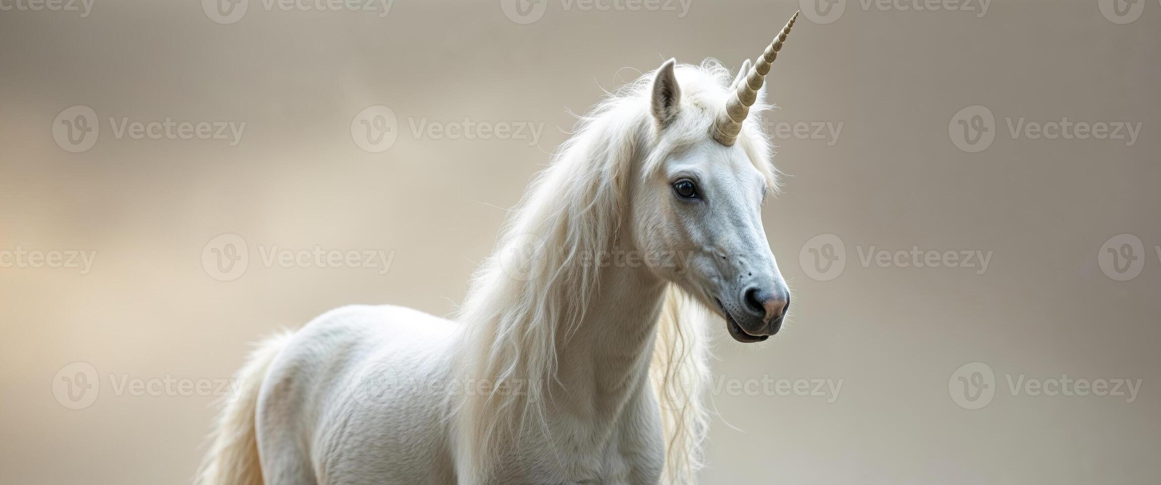A traditional unicorn with a pure white coat flowing mane and a. photo