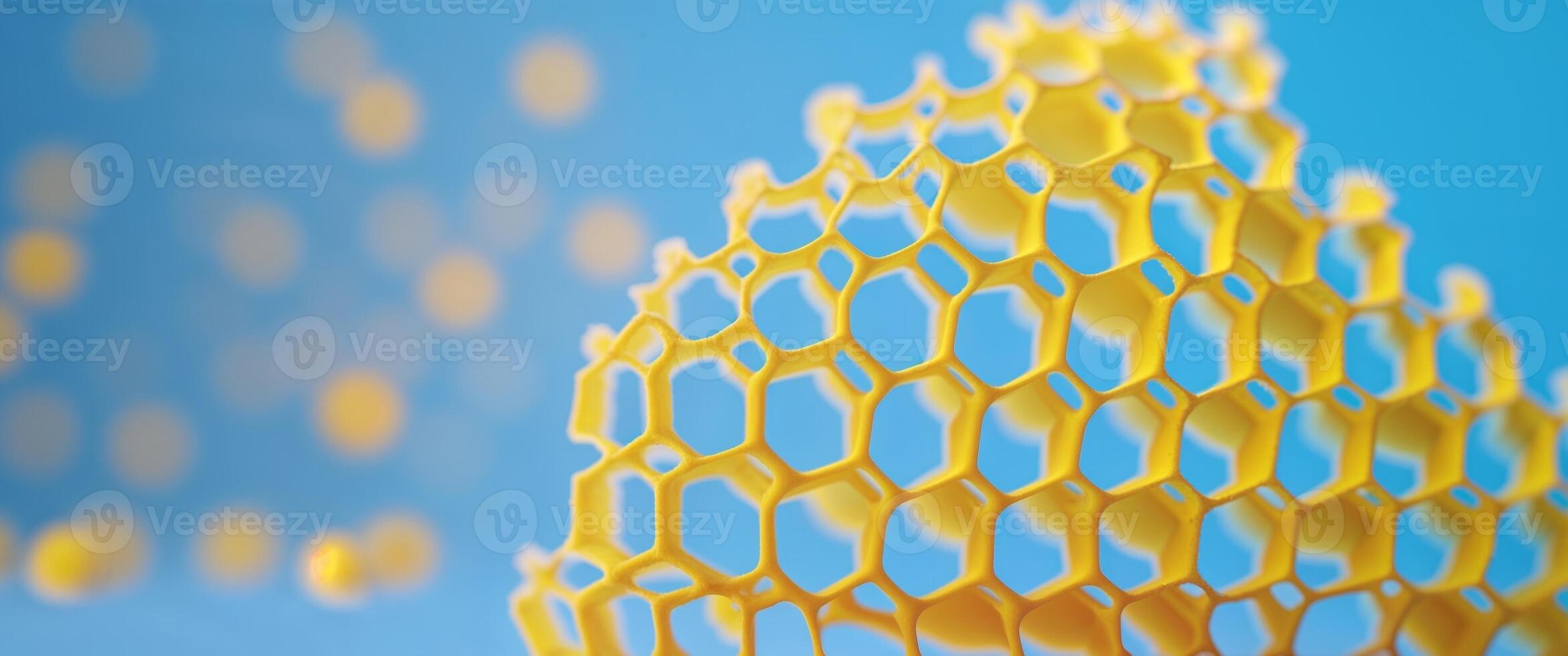 Abstract Yellow Honeycomb Texture on Bright Blue Background. photo