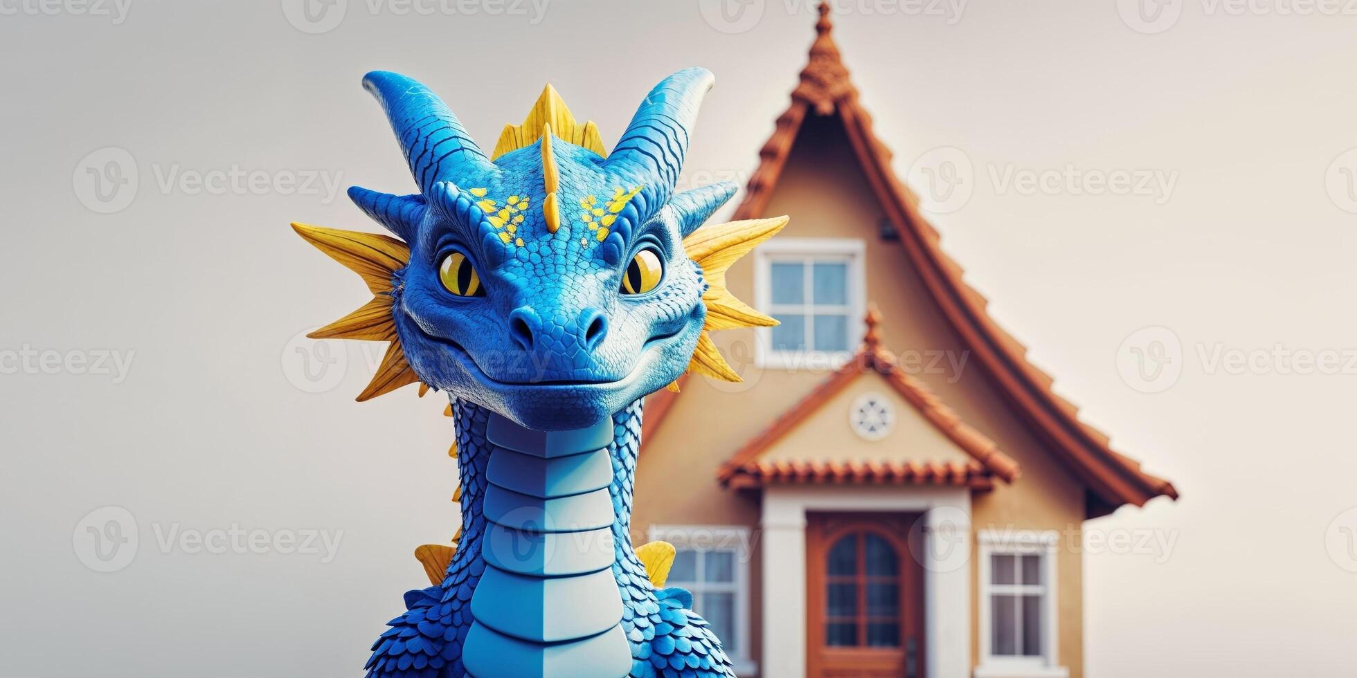 A blue dragon with yellow markings on its face is standing in front of a house photo