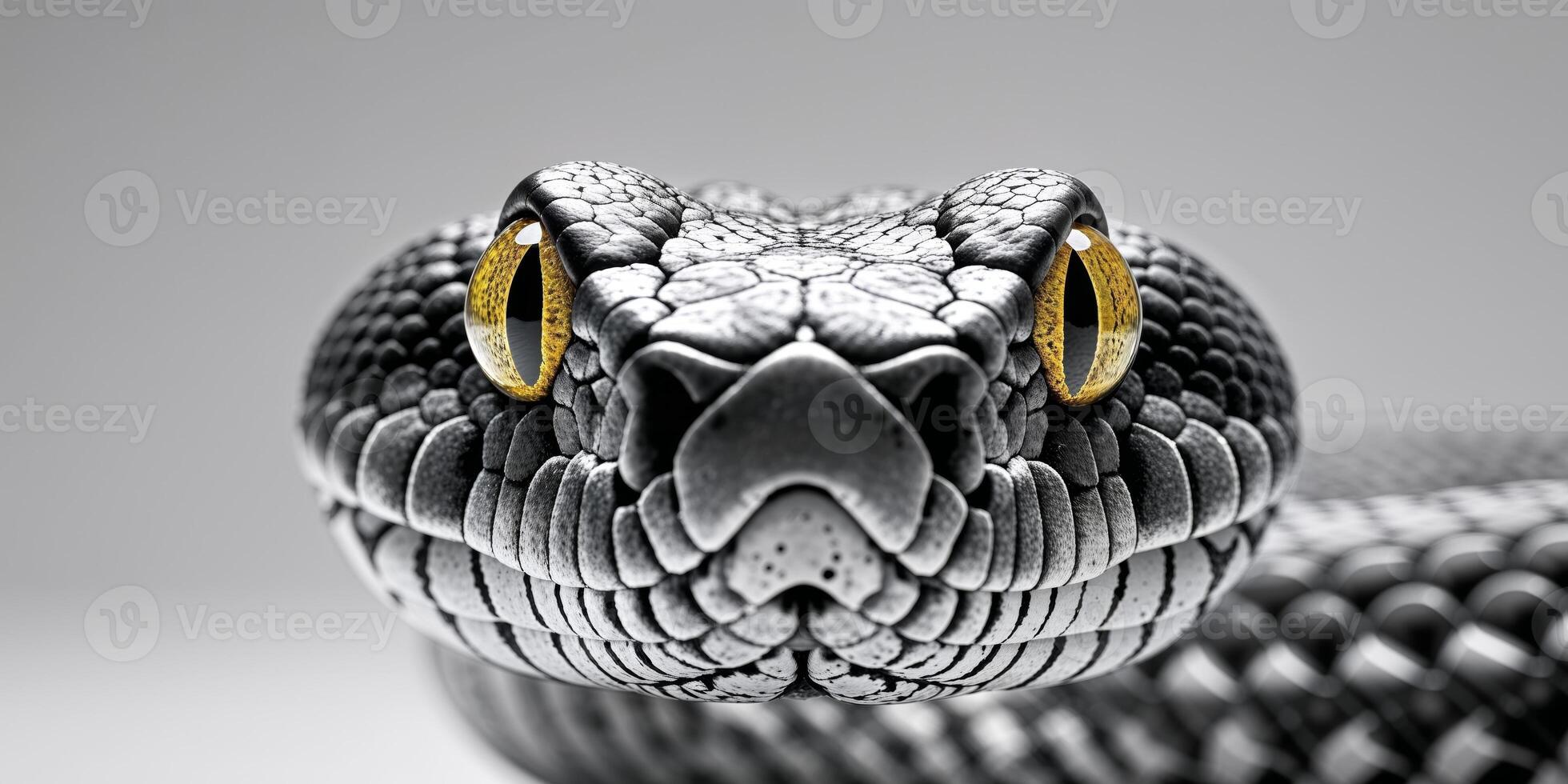 A close up of a snake's face with yellow eyes photo