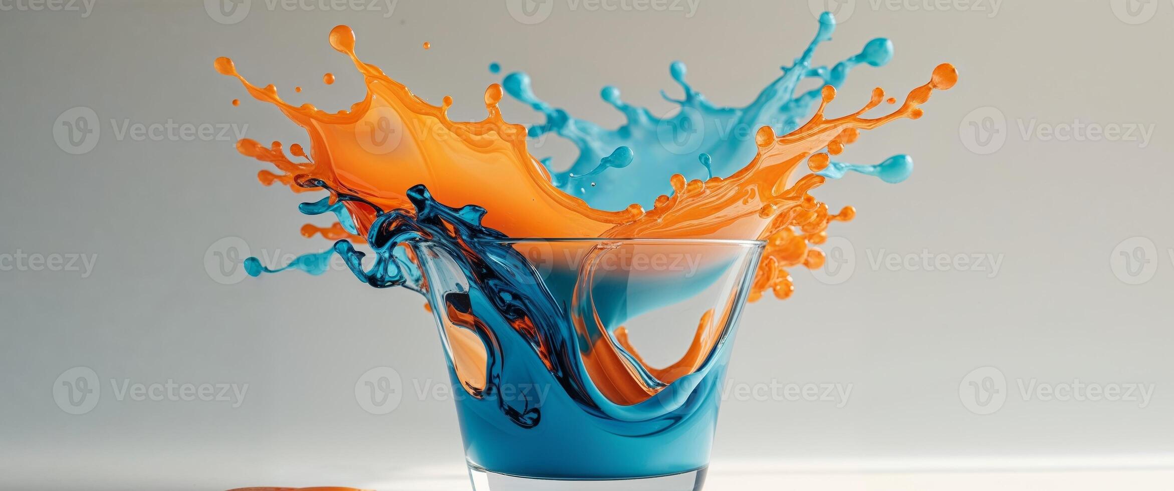 Dynamic Splash of Orange and Blue Liquid in Glass photo